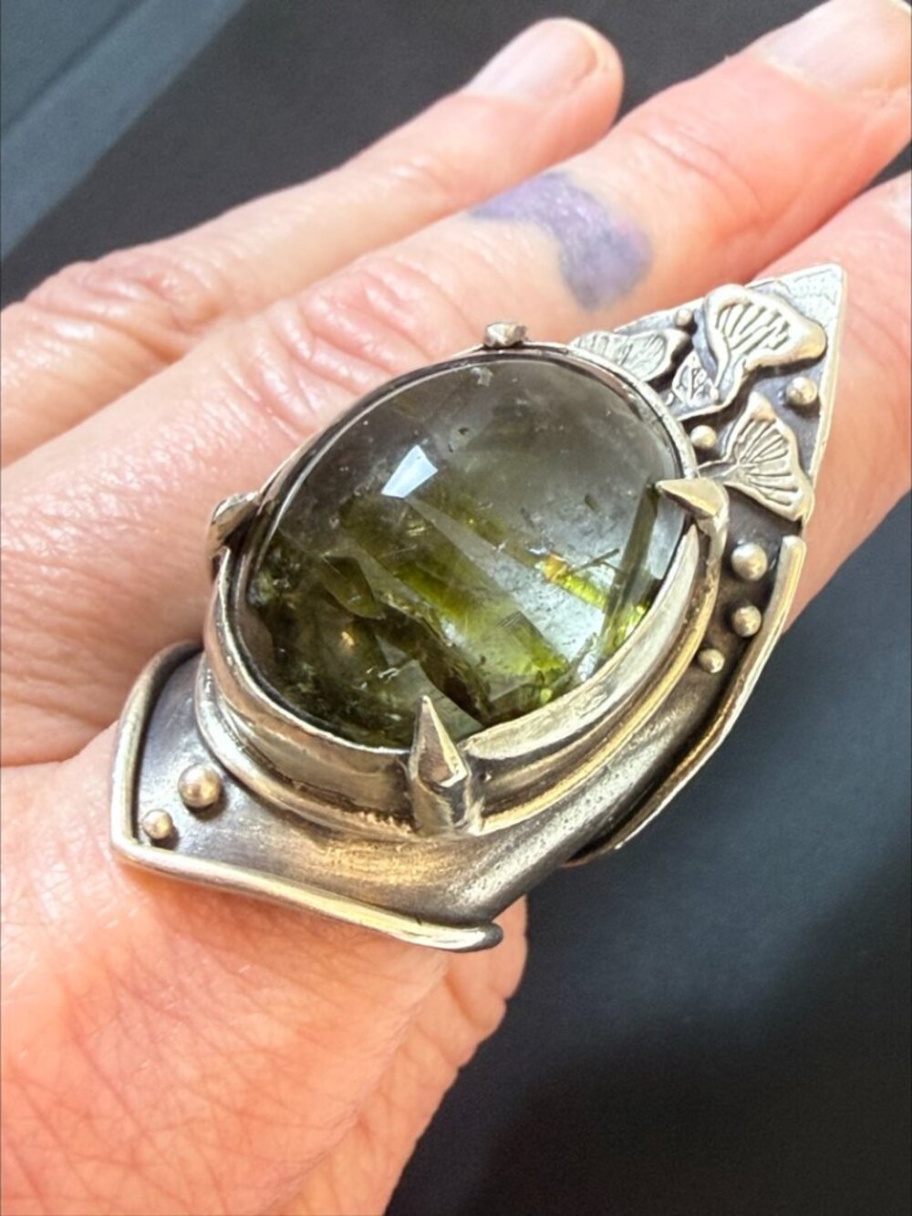 Acid Queen OOAK Botanical Shield Ring Green Tourmalated Quartz Silver Size 8.5 - Picture 10 of 16